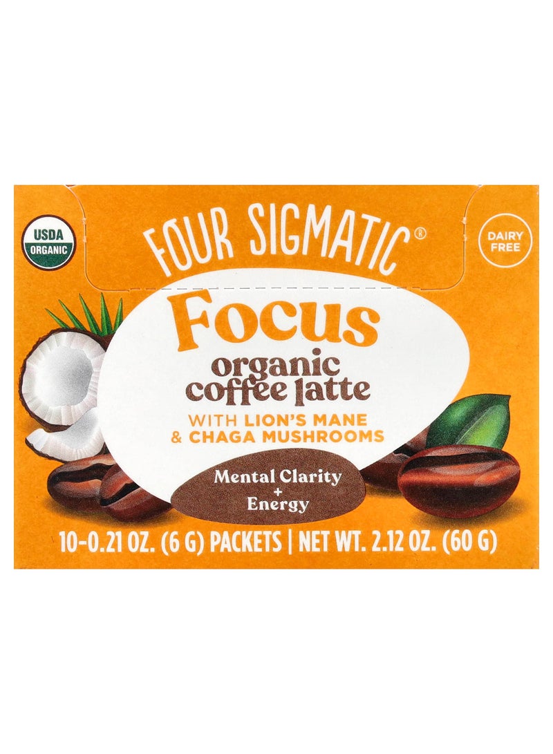 Focus, Organic Coffee Latte with Lion's Mane & Chaga Mushrooms, 10 Packets, 0.21 oz (6 g) Each